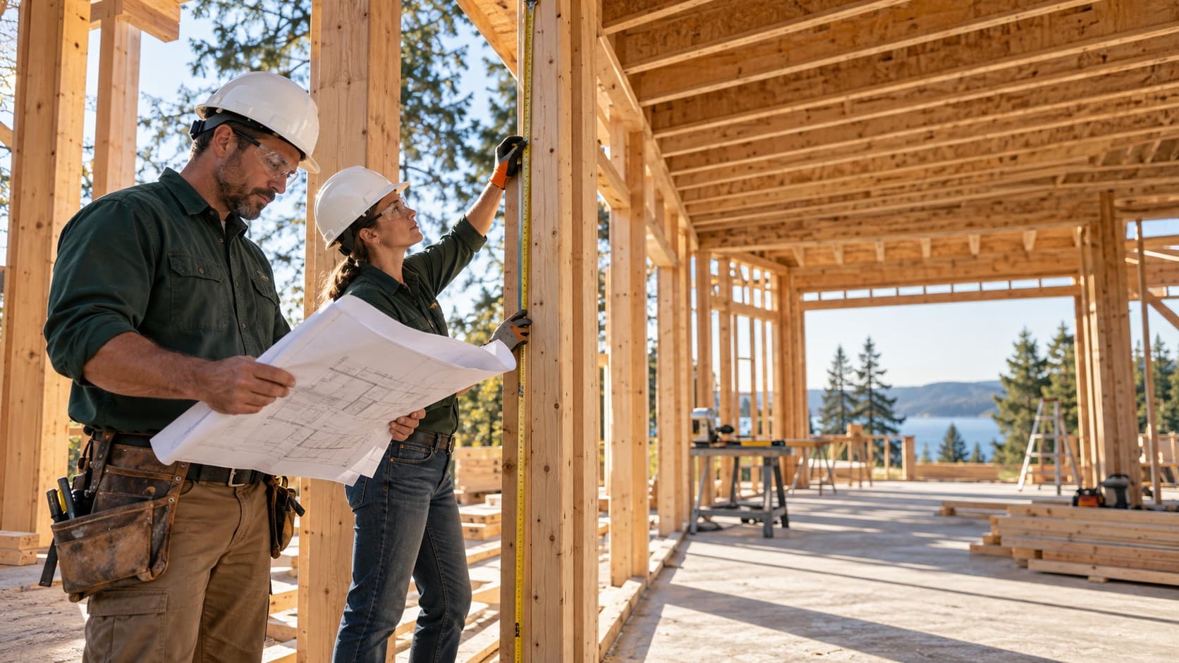 Construction professionals reviewing plans and measuring timber framing at a residential jobsite.